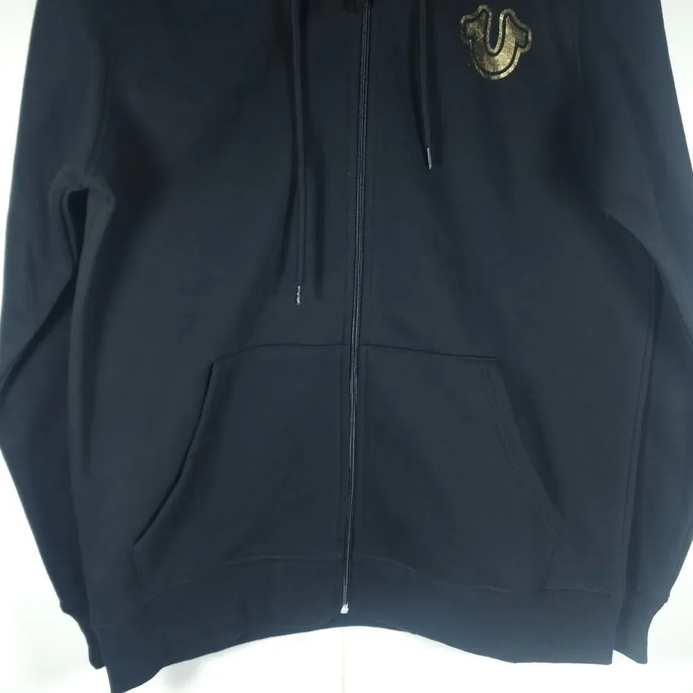 True Religion Men's Sz M Black Metallic Buddha Logo Long Sleeve Full Zip Hoodie
